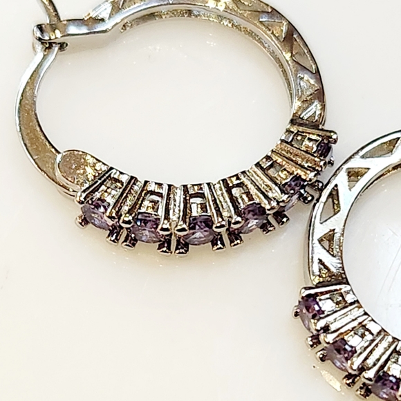 Stunning Amethyst Rhinestone Earrings Purple Stones Silver Hoop NWT Christmas - Picture 6 of 7